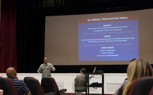 Chief Master Sgt. Luis Reyes, Army and Air Force Exchange Service's senior enlisted advisor conducted a town hall meeting, Sept. 19, 2018, at Mountain Home Air Force Base, Idaho. Reyes conducted the town hall meeting to listen to concerns and to recieve f
