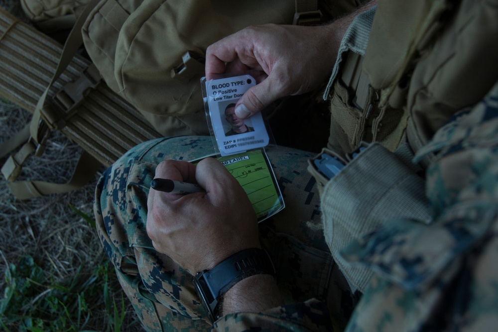 Corpsmen with Battalion Landing Team, 2nd Battalion, 5th Marines, simulate fresh whole blood auto-transfusion