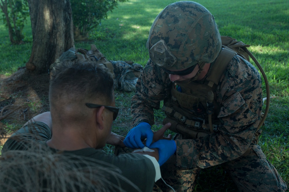 Corpsmen with Battalion Landing Team, 2nd Battalion, 5th Marines, simulate fresh whole blood auto-transfusion