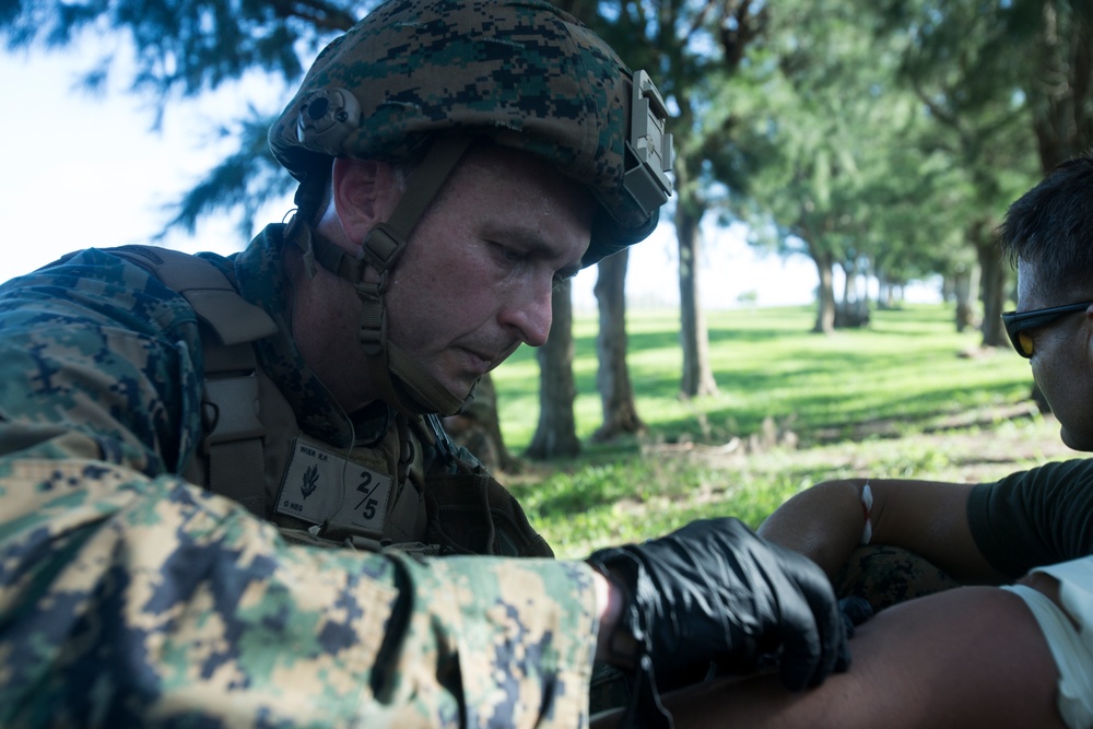 Corpsmen with Battalion Landing Team, 2nd Battalion, 5th Marines, simulate fresh whole blood auto-transfusion