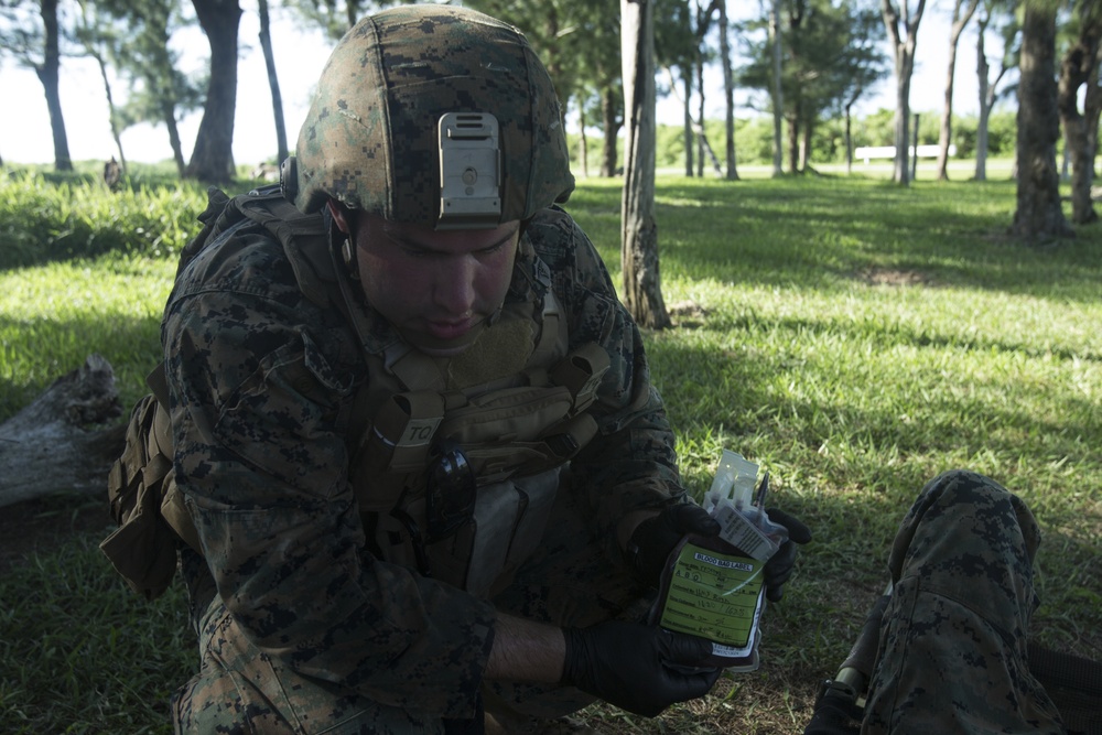 Corpsmen with Battalion Landing Team, 2nd Battalion, 5th Marines, simulate fresh whole blood auto-transfusion