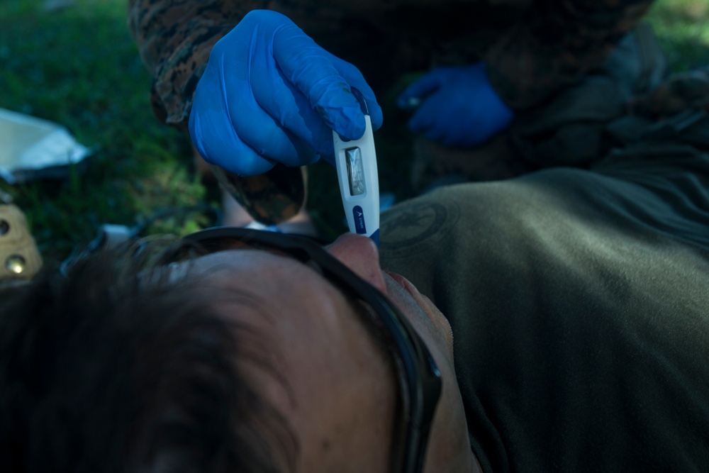 Corpsmen with Battalion Landing Team, 2nd Battalion, 5th Marines, simulate fresh whole blood auto-transfusion