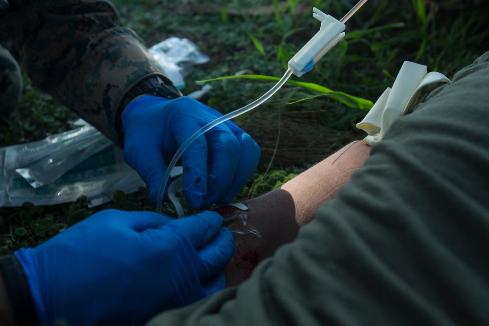 Corpsmen with Battalion Landing Team, 2nd Battalion, 5th Marines, simulate fresh whole blood auto-transfusion