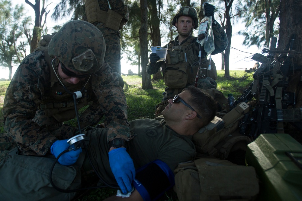 Corpsmen with Battalion Landing Team, 2nd Battalion, 5th Marines, simulate fresh whole blood auto-transfusion