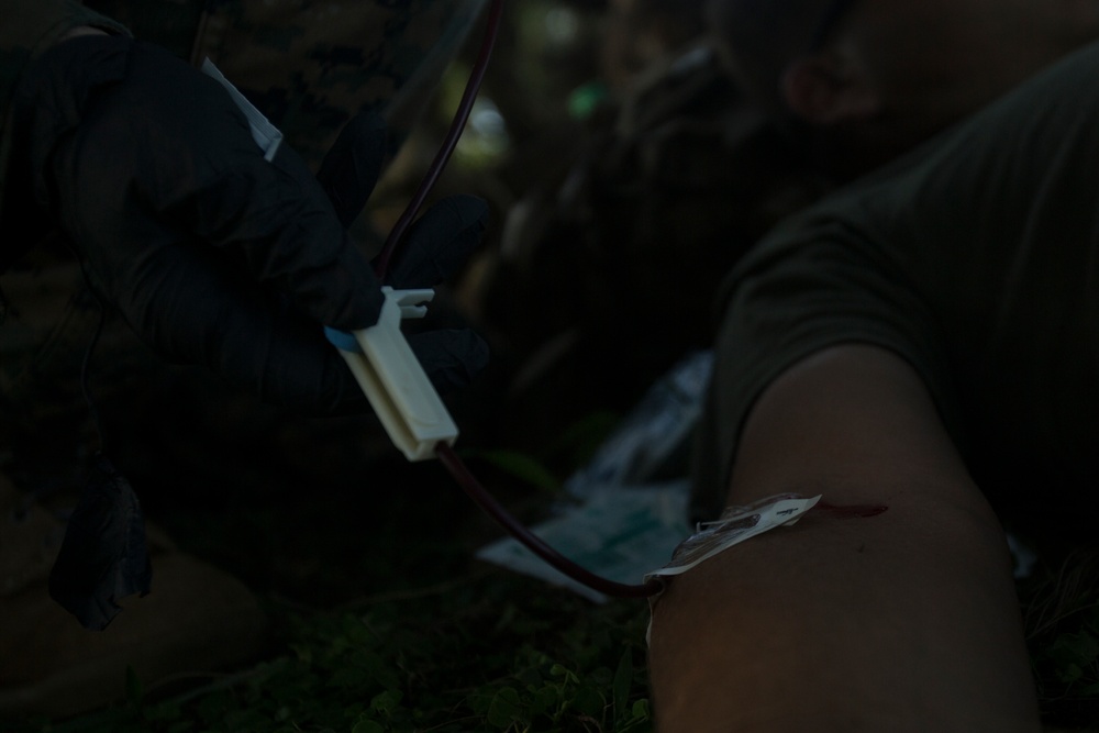 Corpsmen with Battalion Landing Team, 2nd Battalion, 5th Marines, simulate fresh whole blood auto-transfusion