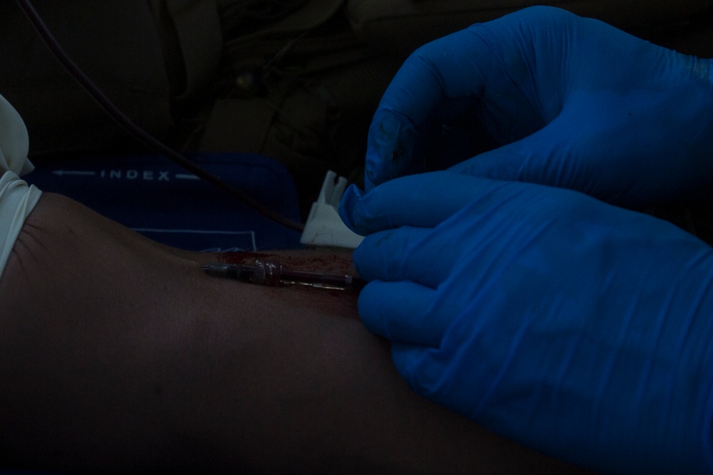 Corpsmen with Battalion Landing Team, 2nd Battalion, 5th Marines, simulate fresh whole blood auto-transfusion