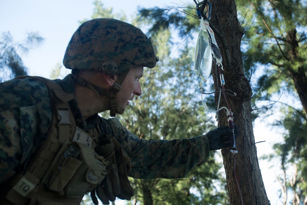 Corpsmen with Battalion Landing Team, 2nd Battalion, 5th Marines, simulate fresh whole blood auto-transfusion