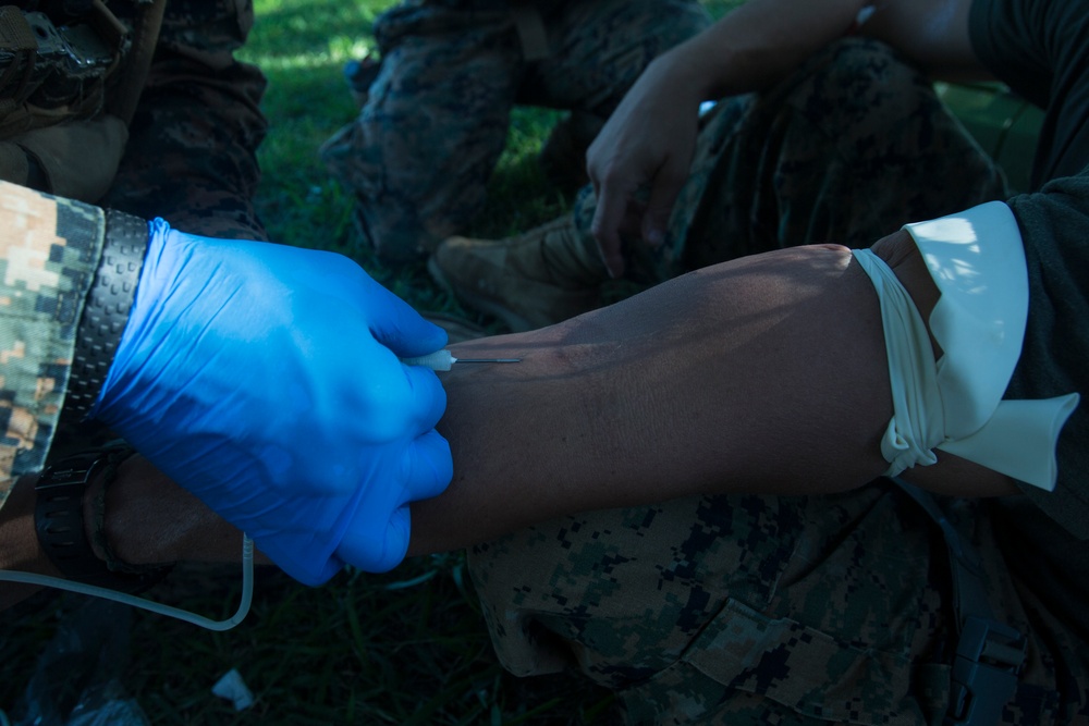 Corpsmen with Battalion Landing Team, 2nd Battalion, 5th Marines, simulate fresh whole blood auto-transfusion