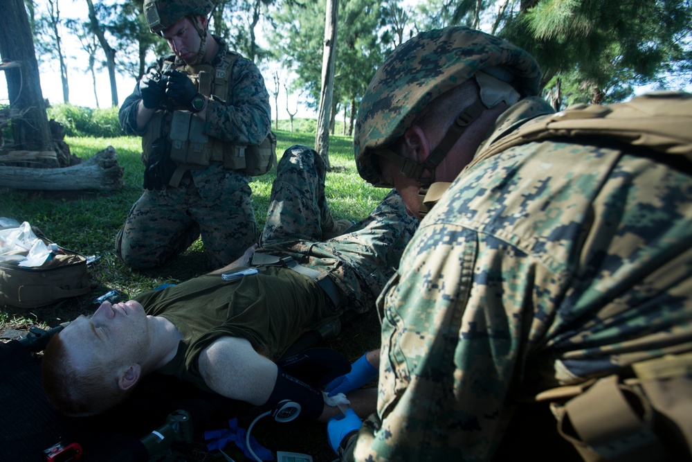 Corpsmen with Battalion Landing Team, 2nd Battalion, 5th Marines, simulate fresh whole blood auto-transfusion