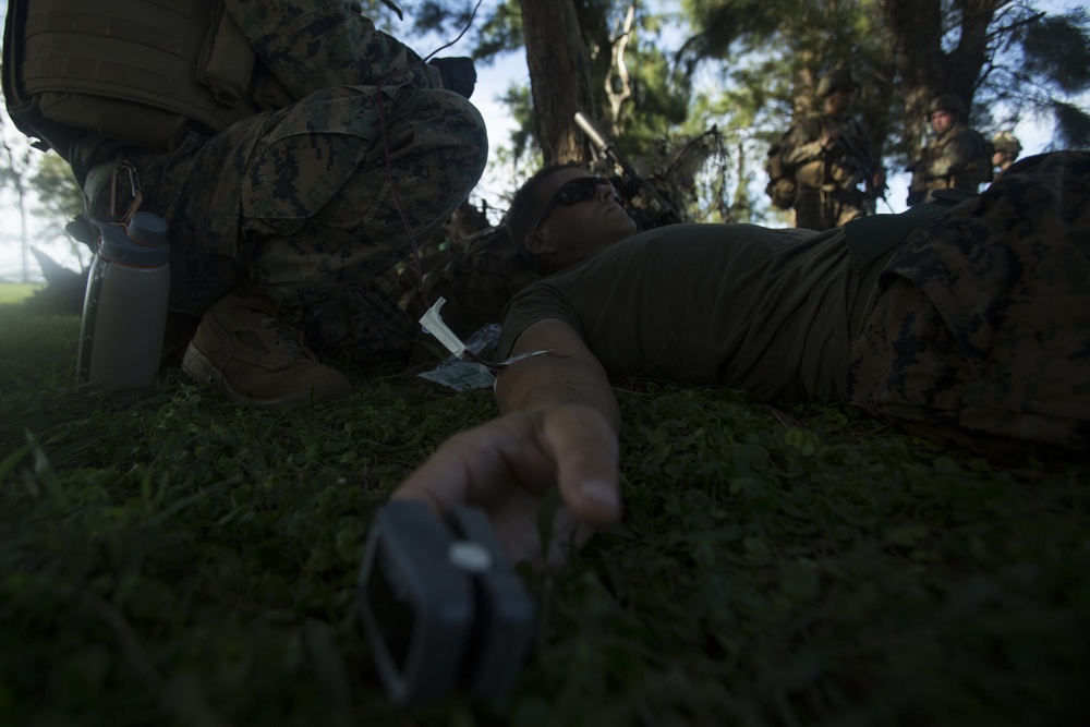 Corpsmen with Battalion Landing Team, 2nd Battalion, 5th Marines, simulate fresh whole blood auto-transfusion