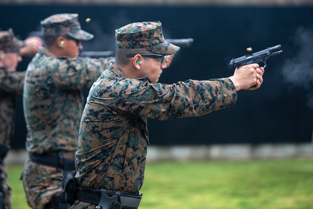 Provost Marshal’s Office Marines attended quarterly range qualification on Camp Hansen