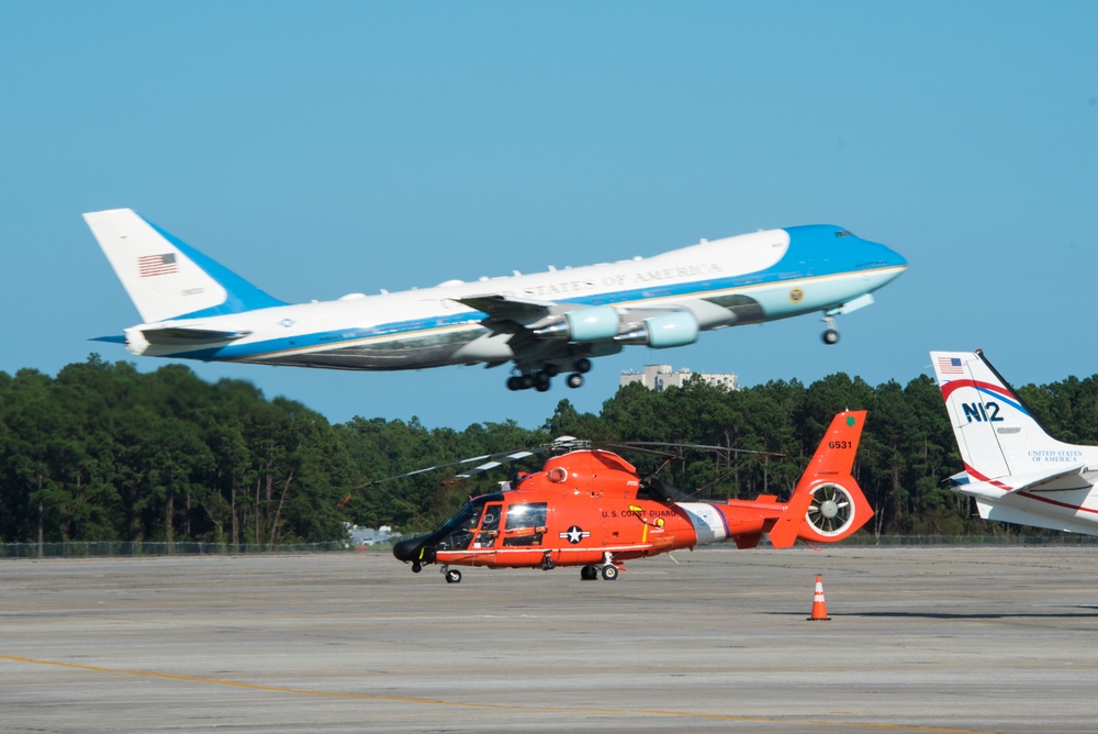 MH-65 Dolphin helicopter and Air Force One at Myrtle Beach International Airport