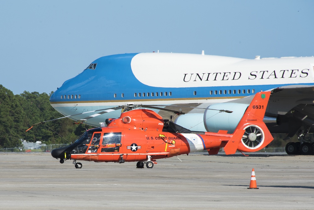 MH-65 Dolphin helicopter and Air Force One at Myrtle Beach International Airport