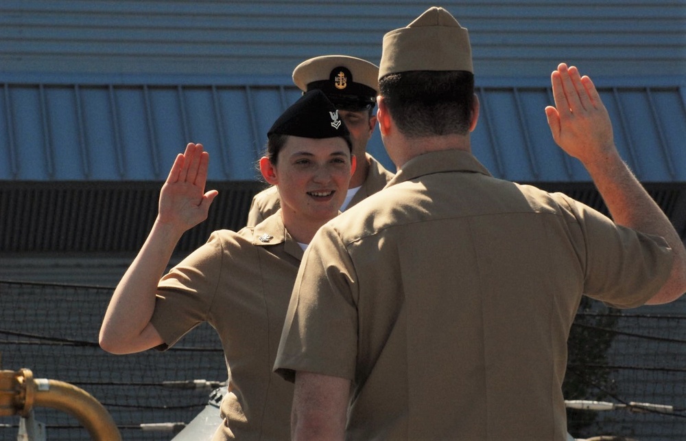 STG2(SW) Wells re-enlistment aboard the USS Wisconsin (BB-64)