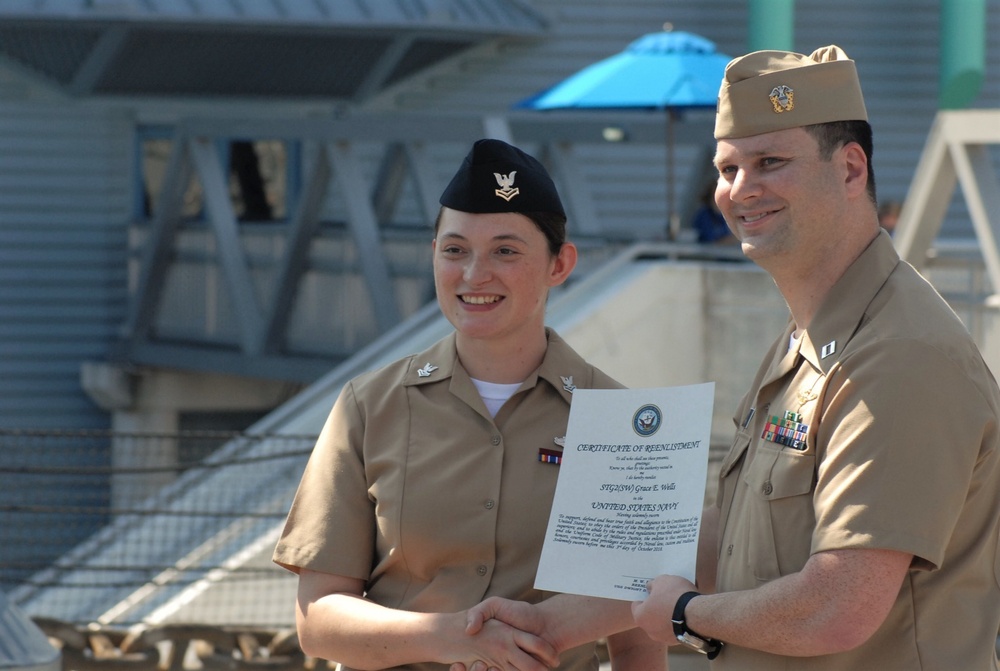 STG2(SW) Wells re-enlistment aboard the USS Wisconsin (BB-64)