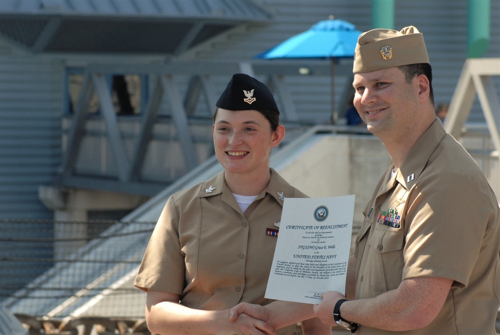 STG2(SW) Wells re-enlistment aboard the USS Wisconsin (BB-64)