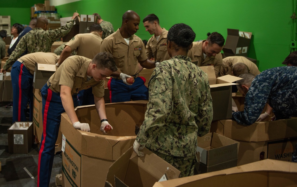 Marines and Sailors volunteer at the San Francisco Food Bank