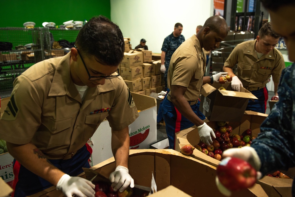 Marines and Sailors volunteer at the San Francisco Food Bank