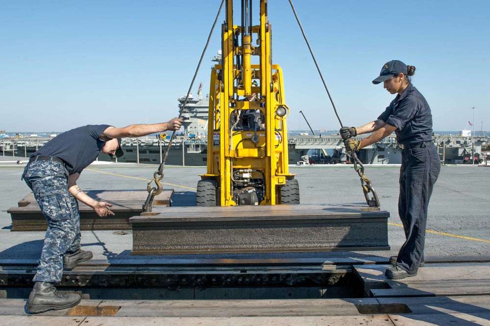 Sailors maintain a jet blast defector