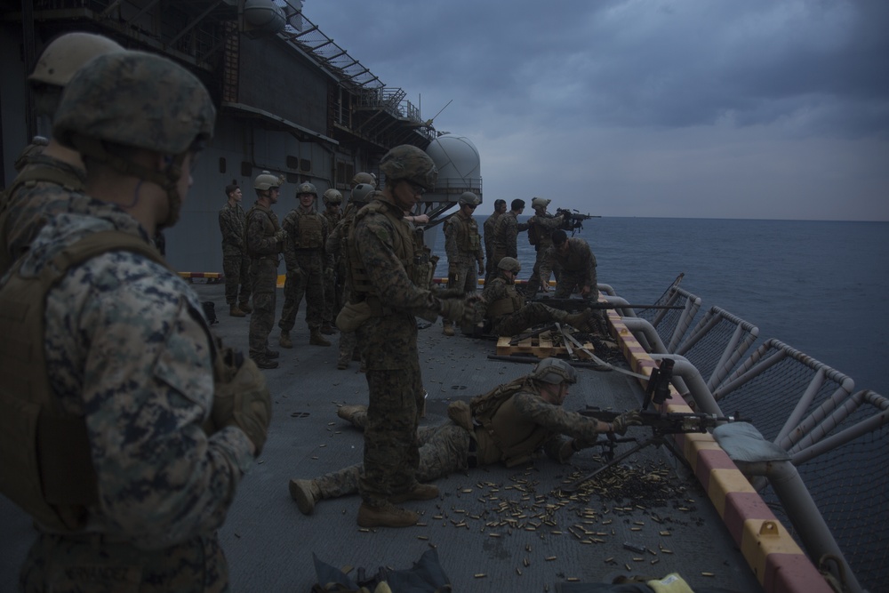 31st MEU recon Marines spit fire and lead during machine gun training aboard Wasp