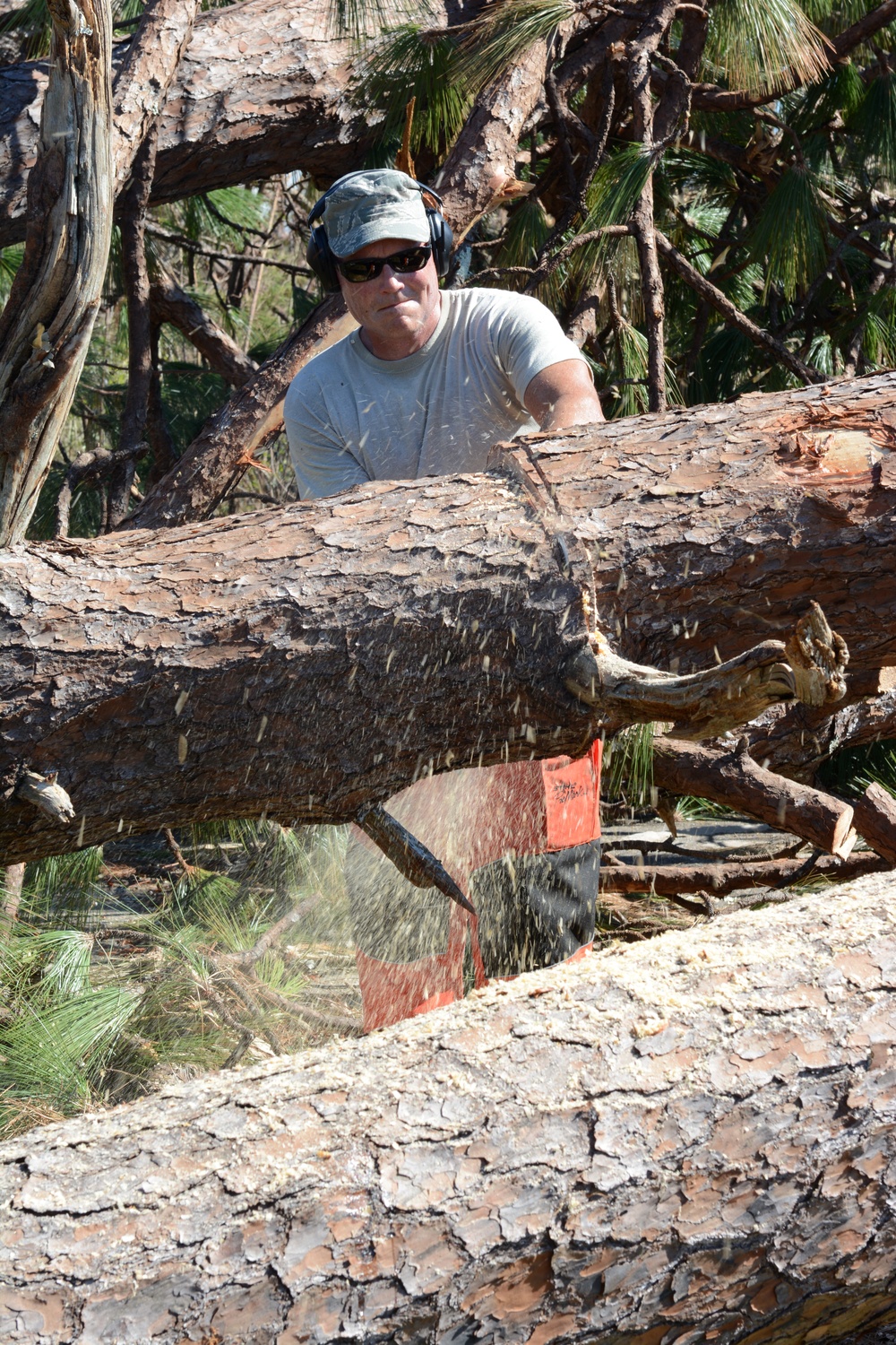 FLANG State Command Chief Jerry Gardner assists 202nd REDHORSE with route clearing after Hurricane Michael