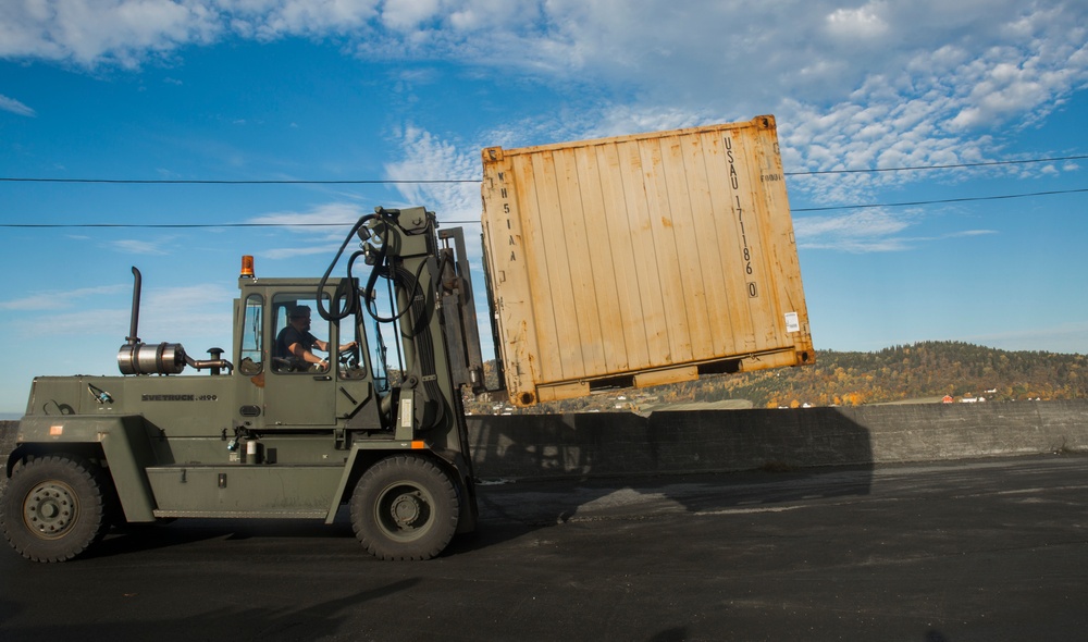 U.S. Marine gear gets transported for Trident Juncture