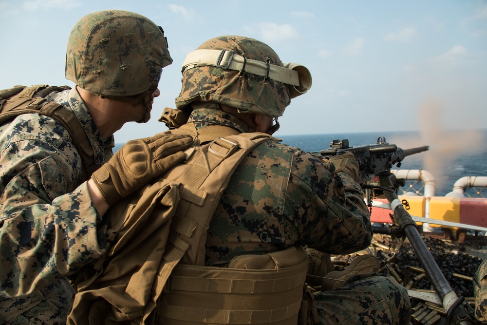 Weapons Company Marines fire machine guns aboard the Wasp