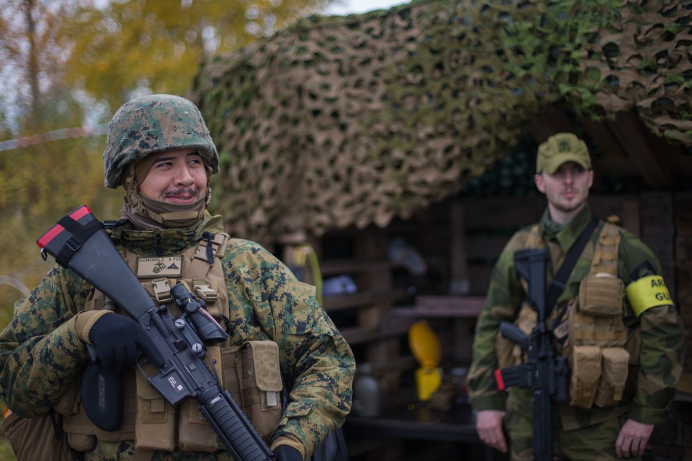 U.S. Marines and Norwegian Soldiers Guard an Entry Control Point in Hell, Norway