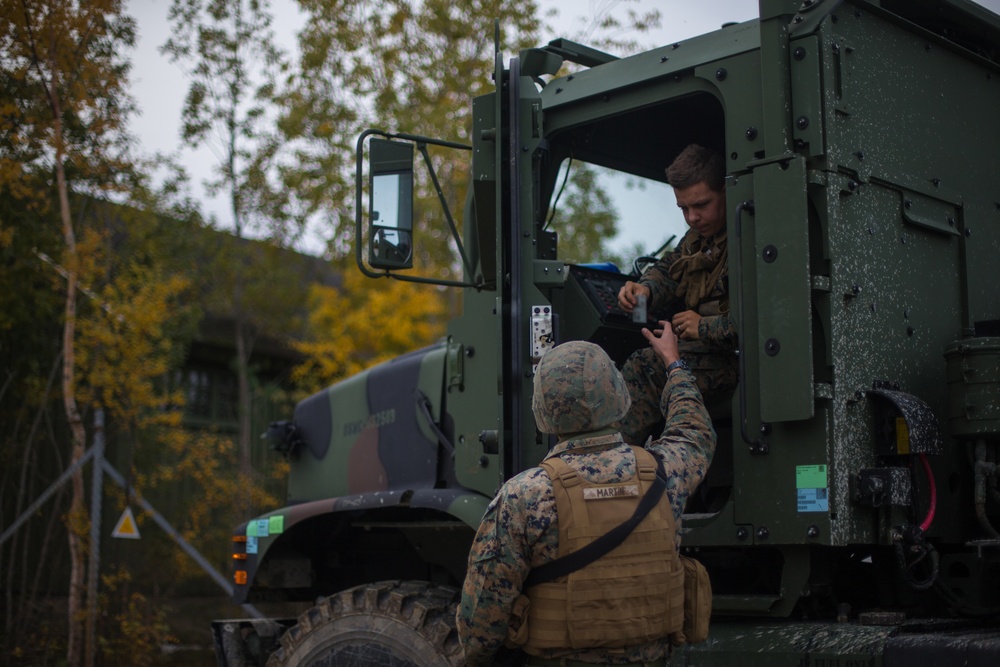 U.S. Marines and Norwegian Soldiers Guard an Entry Control Point in Hell, Norway