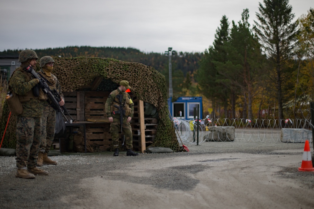 U.S. Marines and Norwegian Soldiers Guard an Entry Control Point in Hell, Norway