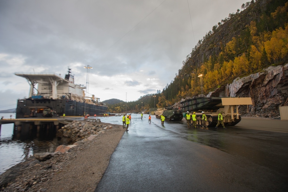 U.S. Marines and Norwegian Service Members Unload USNS 1st Lt. Baldomero Lopez