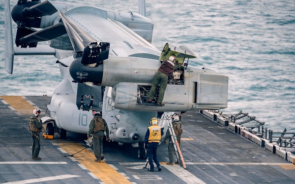 Military personnel are performing maintenance on a V-22 Osprey tiltrotor aircraft (numbered '10') on the flight deck of a naval vessel. The yellow vest worn by one crew member reads 'WASP LHD-1', identifying the ship as USS Wasp. A technician is climbing into an open engine nacelle compartment while several other crew members observe and assist.