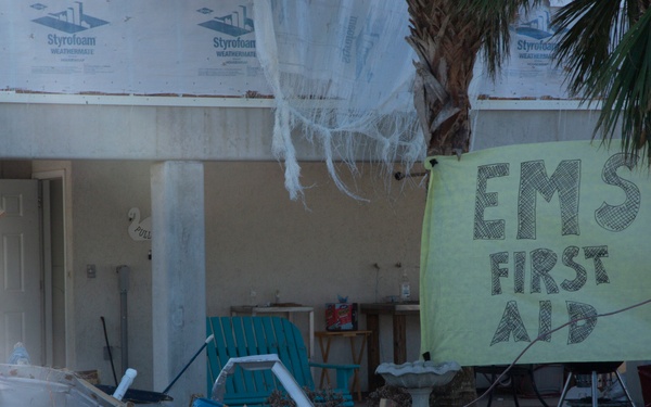 An EMS sign for emegency first aid in Mexico Beach is still in place after Hurricane Michael ripped through the area