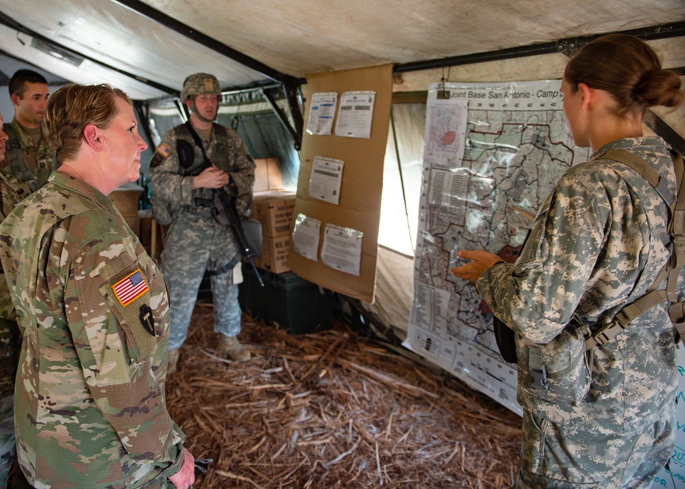 Brigadier General Tracy Norris, Dep. Adjutanat General TXARNG, visits troops at Camp Bullis, TX