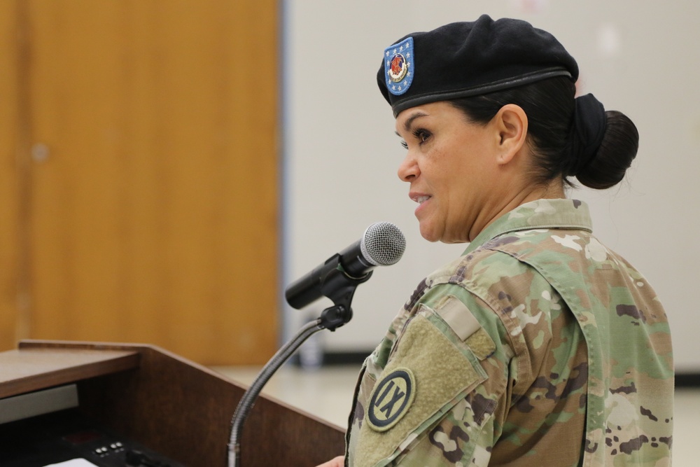 Command Sgt. Maj. Baird speaking at assumption of responsibility ceremony