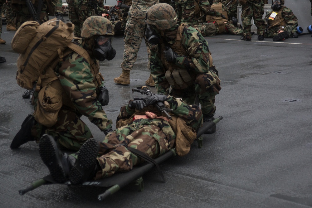 Operation Dirty Bird- 31st MEU Marines, USS Wasp Sailors integrate for CBRN training