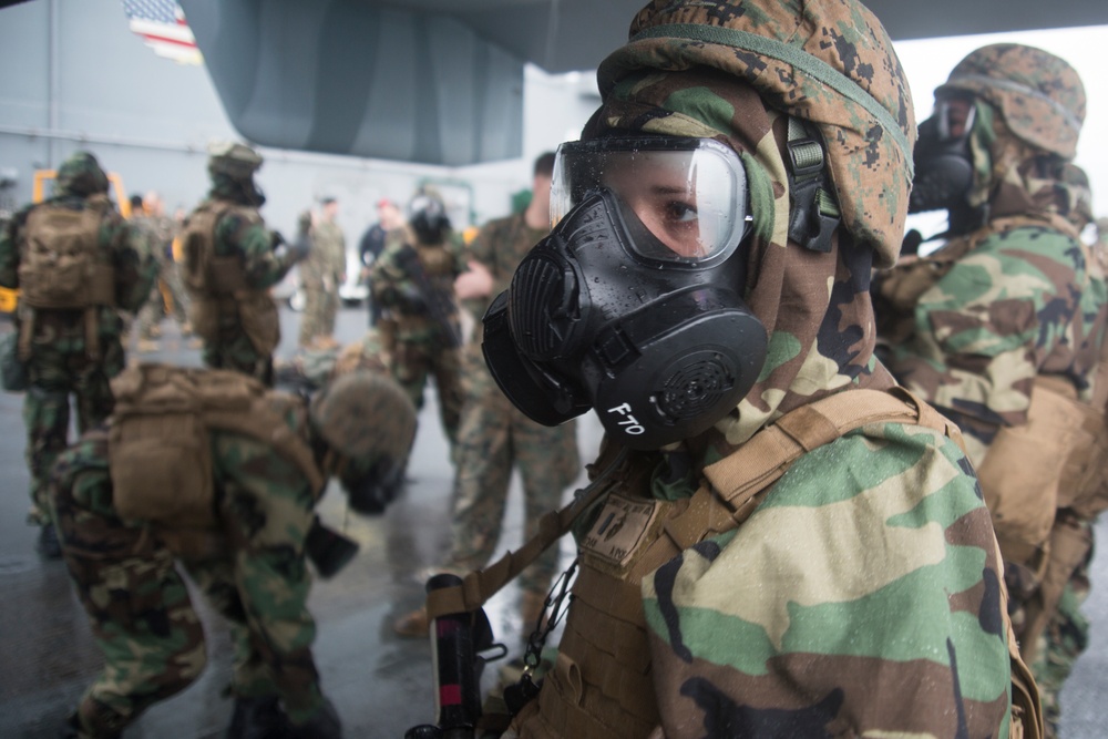 Operation Dirty Bird- 31st MEU Marines, USS Wasp Sailors integrate for CBRN training