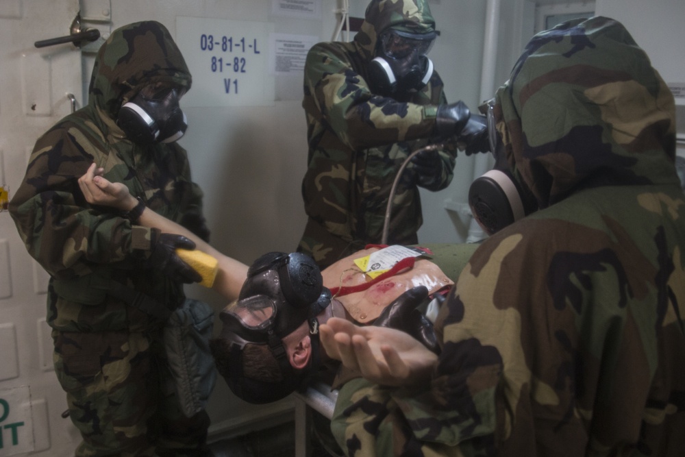 Operation Dirty Bird- 31st MEU Marines, USS Wasp Sailors integrate for CBRN training