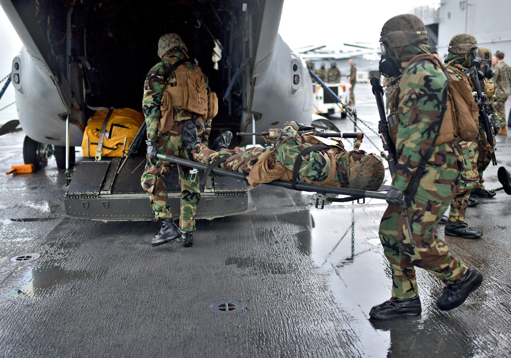 Mass casualty drill in a CBRN environment aboard USS Wasp