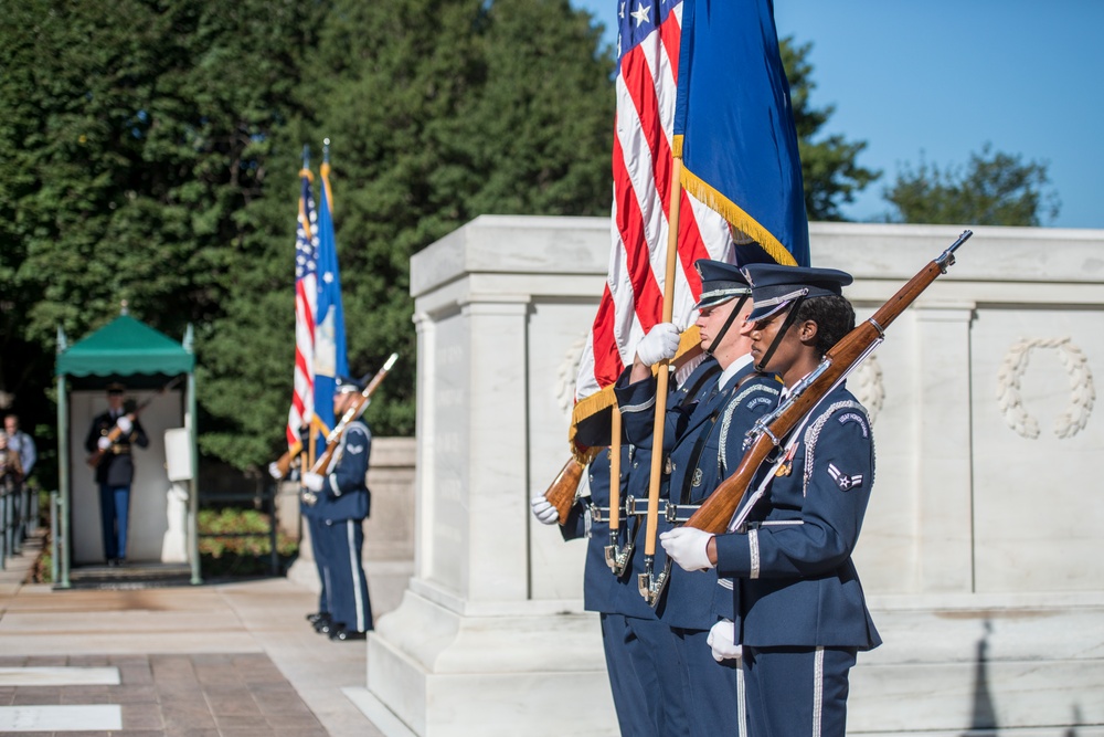 Commander of the Royal Canadian Air Force Lt. Gen. Al Meinzinger Participates in an Air Force Full Honors Wreath-Laying at the Tomb of the Unknown Soldier