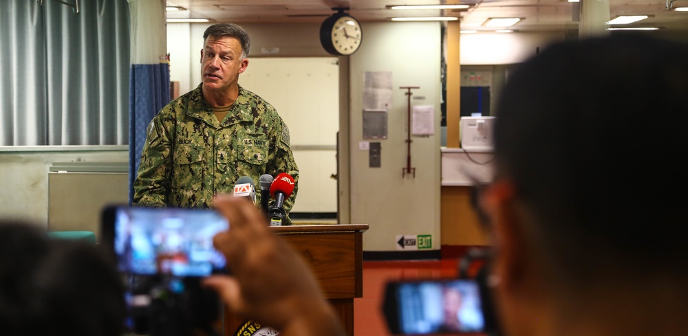 Rear Adm. Buck Delivers Remarks at a Press Conference Aboard USNS Comfort