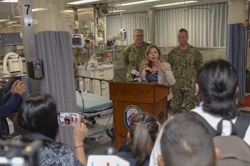 Ambassador Liliana Ayalde Holds a Press Conference Aboard USNS Comfort