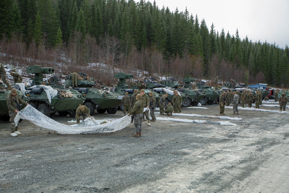 Marines with 2nd Light Armored Reconnaissance prepare snow camouflage