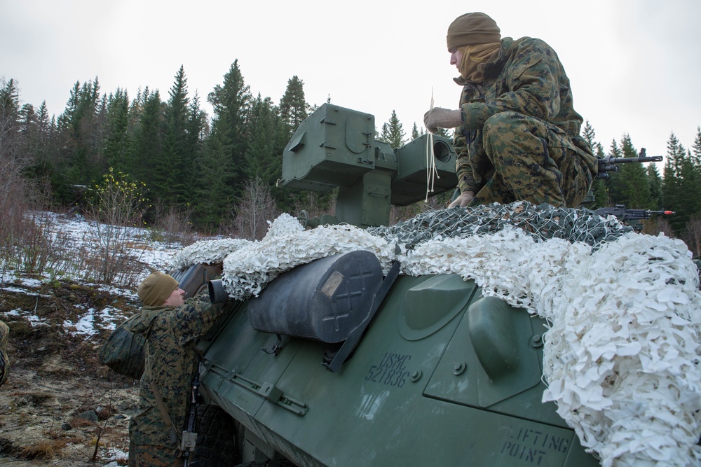 Marines with 2nd Light Armored Reconnaissance prepare snow camouflage