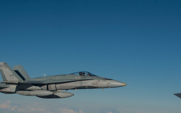 A Bloody Hundredth KC-135 refuels Finnish, Canadian F-18s for Exercise Trident Juncture 18