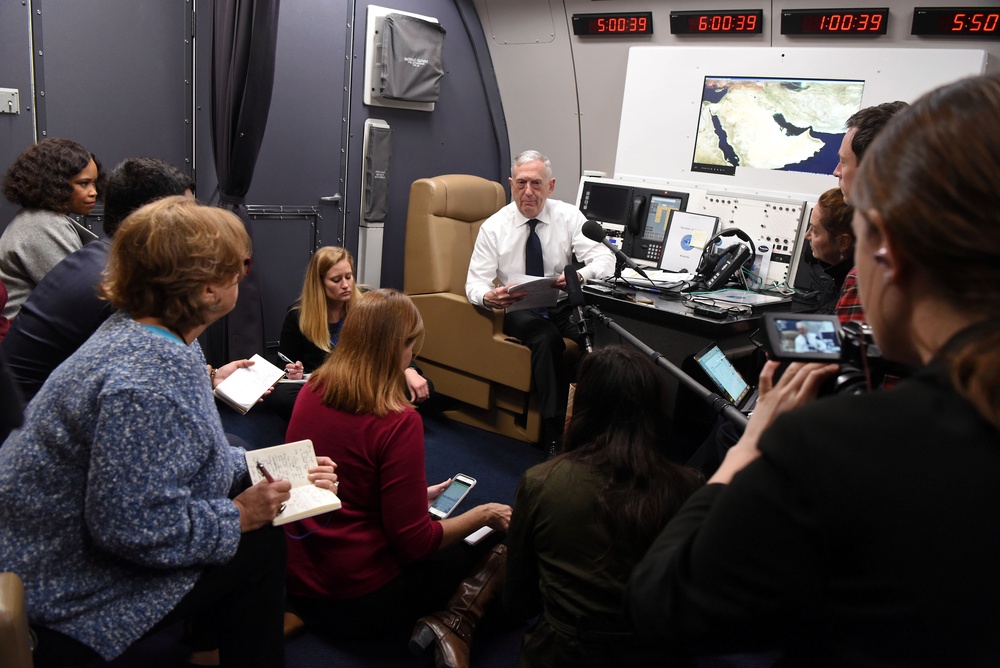 Mattis Speaks to Reporters En Route to Czech Republic