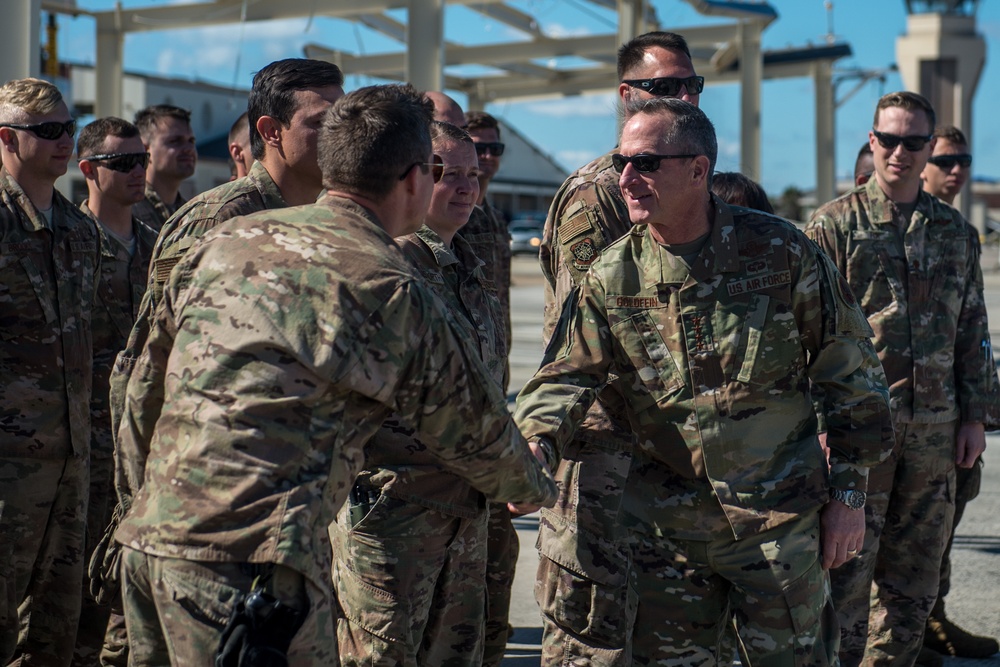 Air Force Chief of Staff and Chief Master Sgt. of the Air Force troops at Tyndall Air Force Base