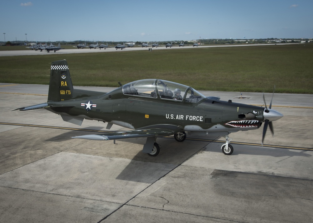 T-6 Texan IIs from the 559th Flying Training Squadron and the 39th FTS participated in an “Elephant Walk” Oct. 26, 2018, at Joint Base San Antonio-Randolph, Texas