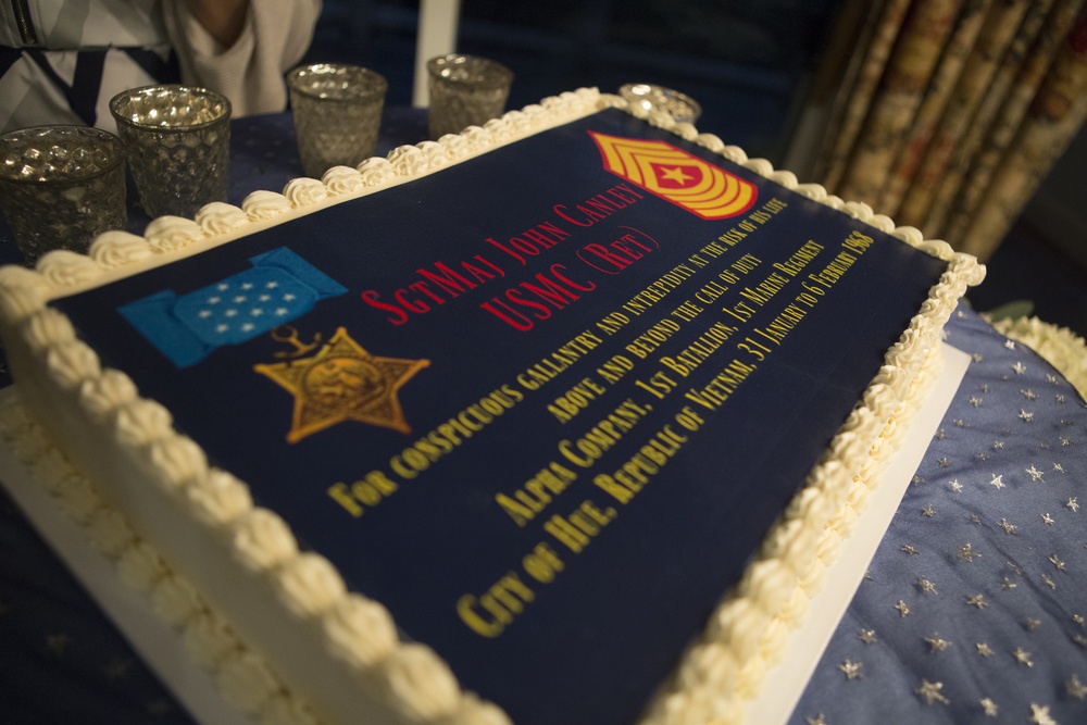 A cake honoring Sgt.Maj. Canley the 298th Medal of Honor Recipient