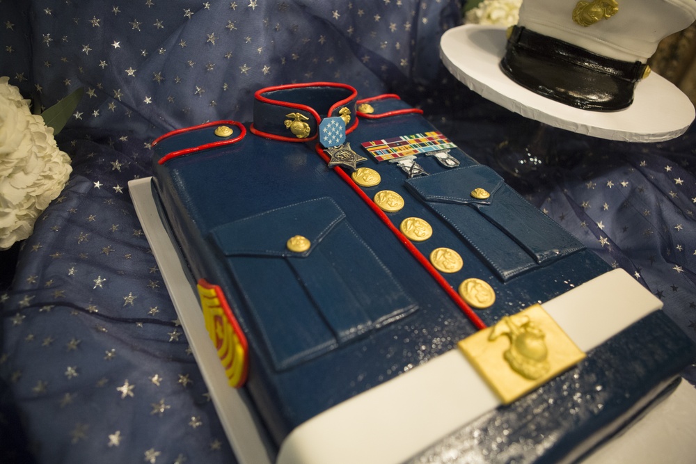 A cake honoring Sgt.Maj. Canley the 298th Medal of Honor Recipient